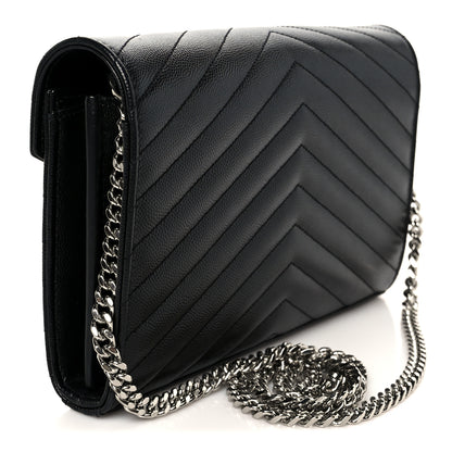 Saint Laurent Grain De Poudre Matelasse Chevron Monogram Chain Wallet Black 3 of 10