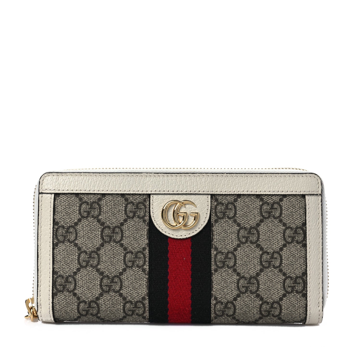 GG Supreme Monogram Textured Dollar Calfskin Web Ophidia Zip Around Wallet Beige Ebony Mystic White