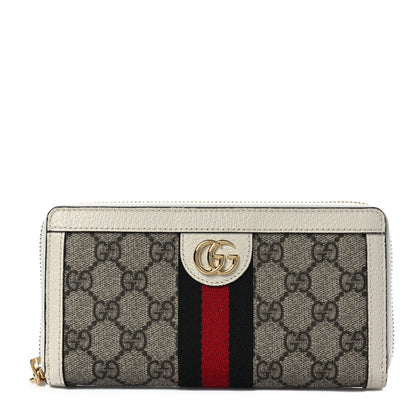 Gucci GG Supreme Monogram Textured Dollar Calfskin Web Ophidia Zip Around Wallet Beige Ebony Mystic White 1 of 7