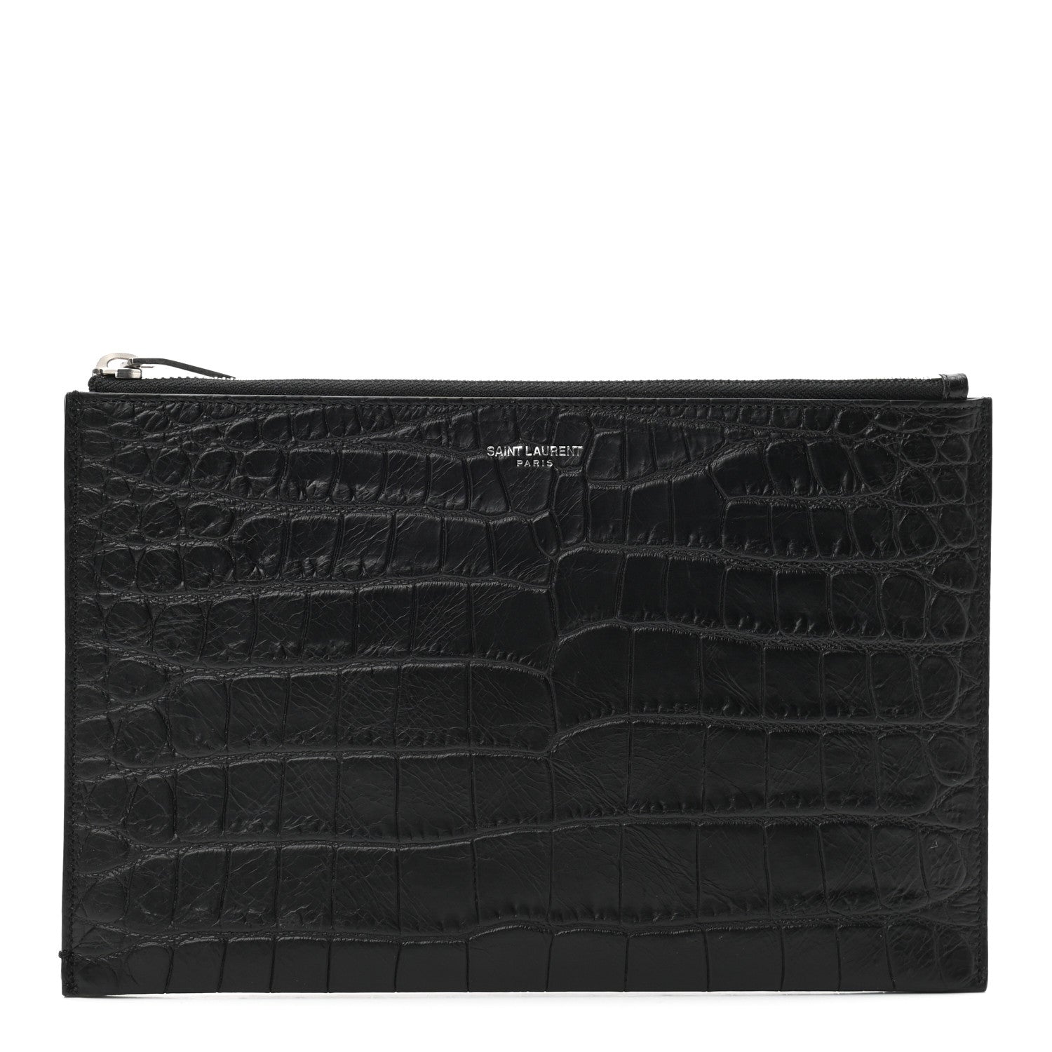 Saint Laurent Calfskin Crocodile Embossed Zip Mini Tablet Sleeve Black 1 of 7