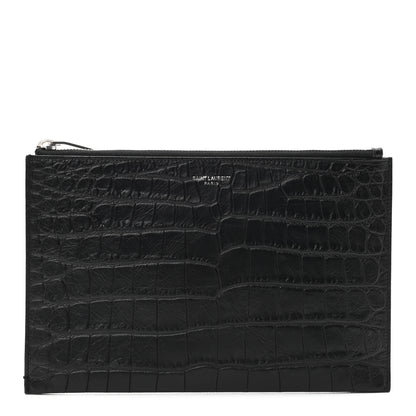 Saint Laurent Calfskin Crocodile Embossed Zip Mini Tablet Sleeve Black 1 of 7