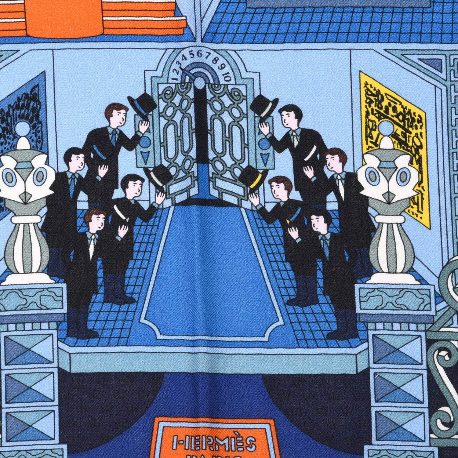 Hermes Cashmere Silk La Maison des Carres Shawl 140 Bleu Nuit Ciel Orange 2 of 5
