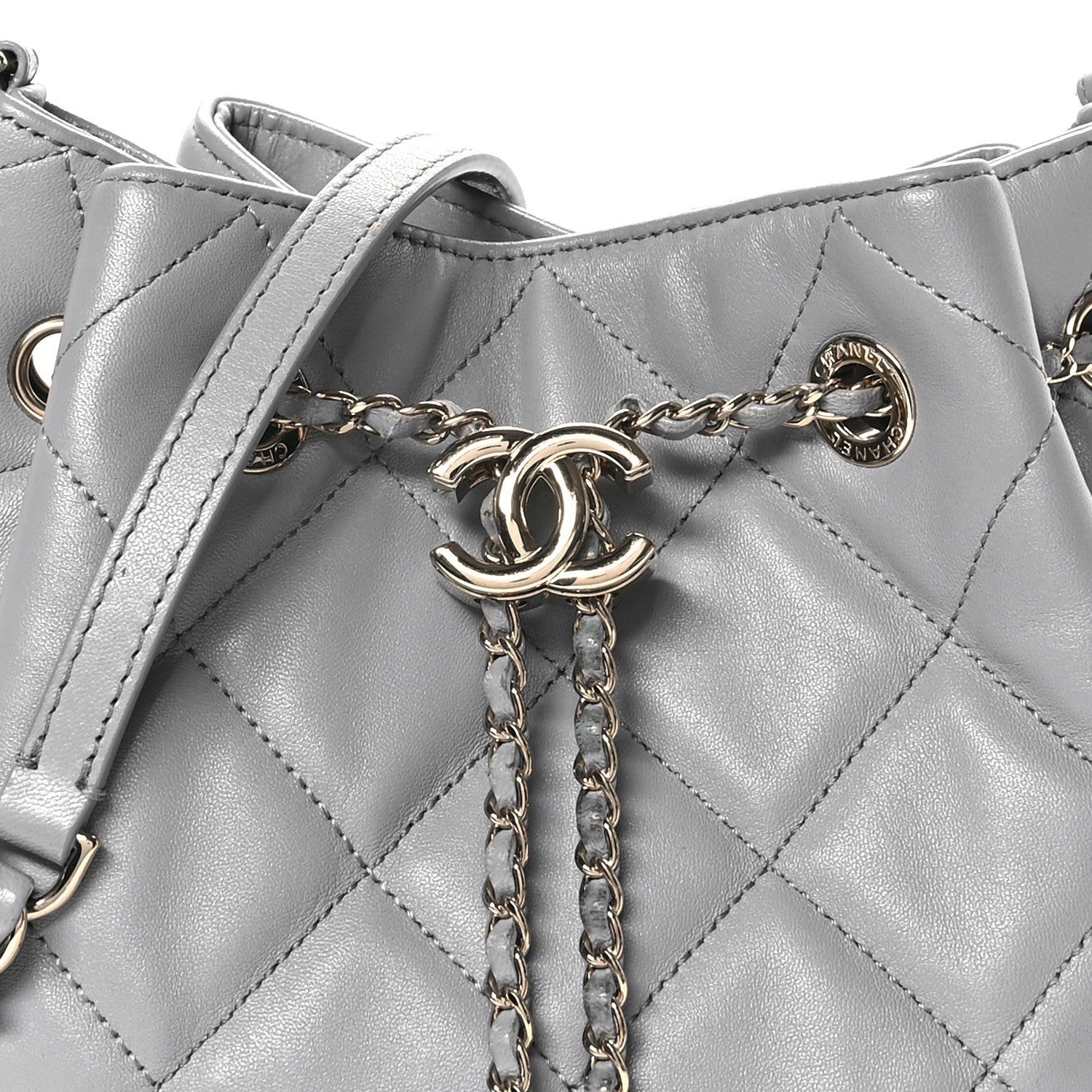 Chanel Lambskin Quilted CC Dweller Drawstring Bucket Bag Light Grey 8 of 11