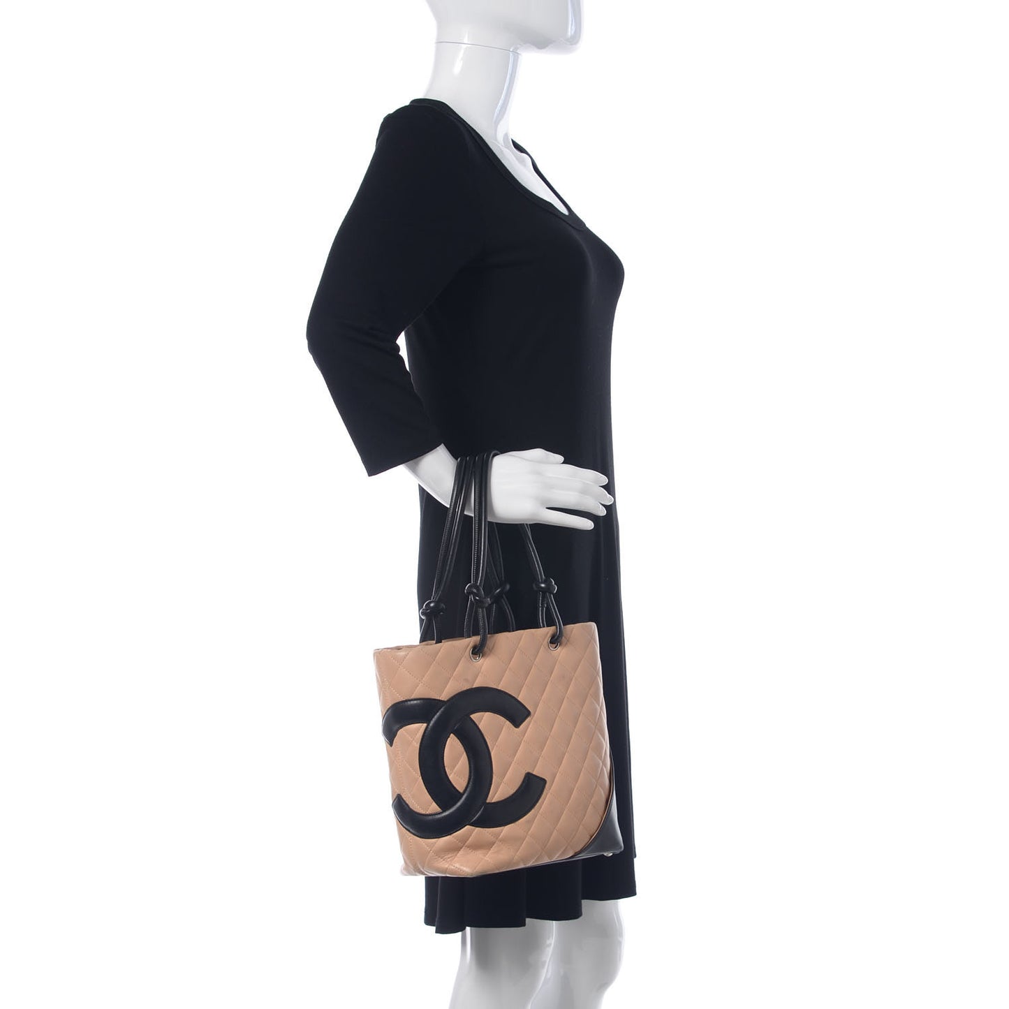 Calfskin Quilted Medium Cambon Tote Beige Black