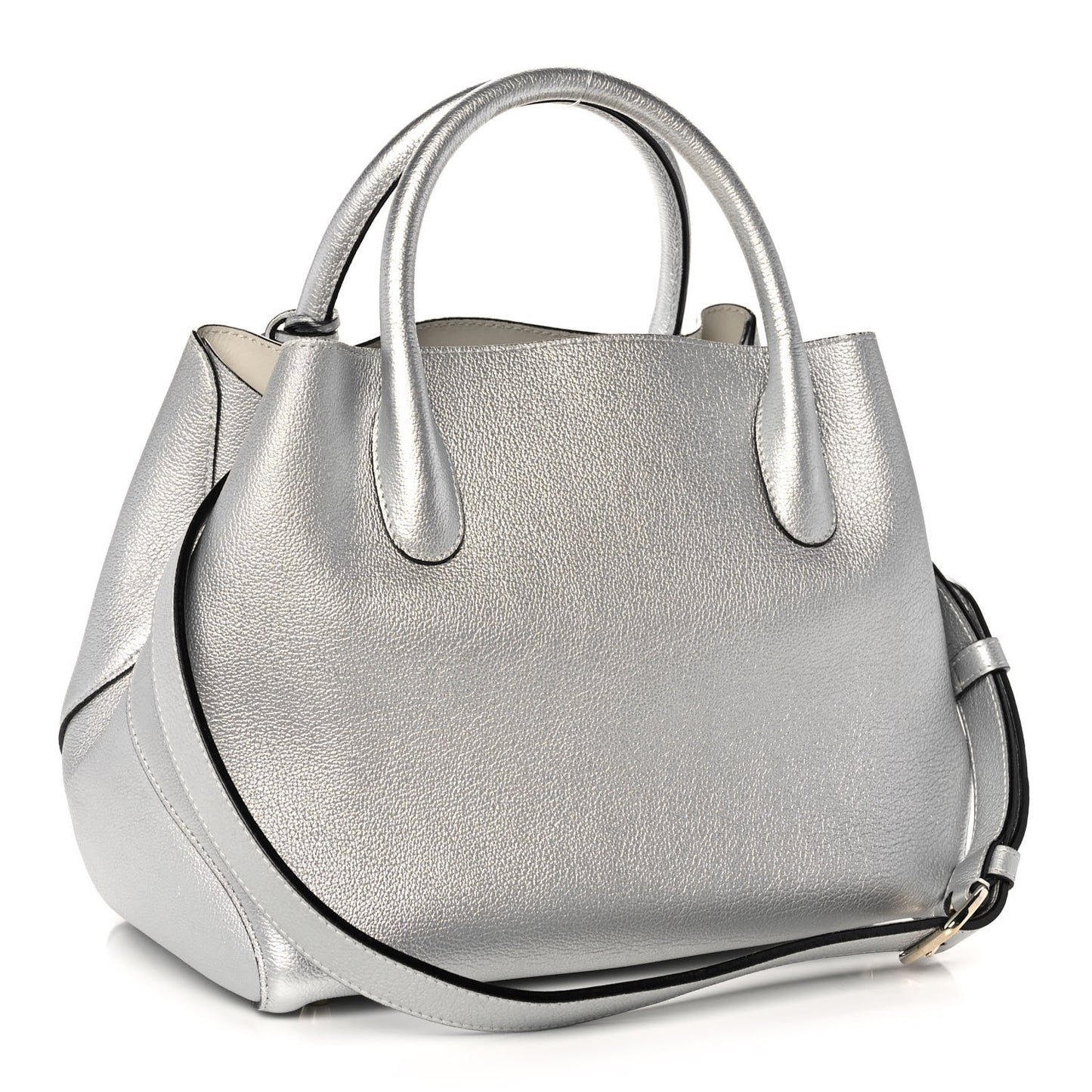 Metallic Supple Grained Calfskin Medium Open Bar Tote Silver