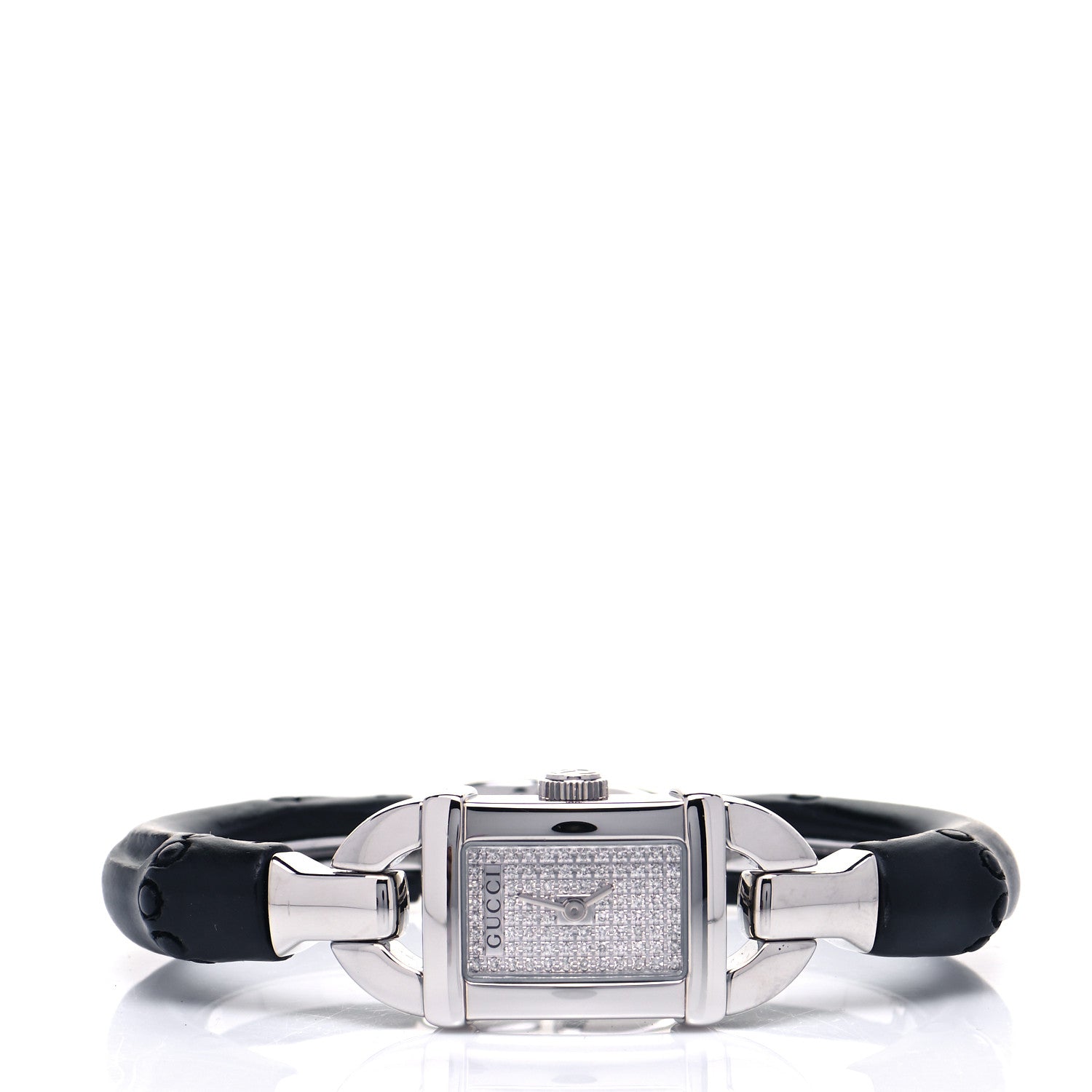 Gucci Stainless Steel Calfskin Diamond Pave 16mm 6800L Bamboo Quartz Watch 2 of 6