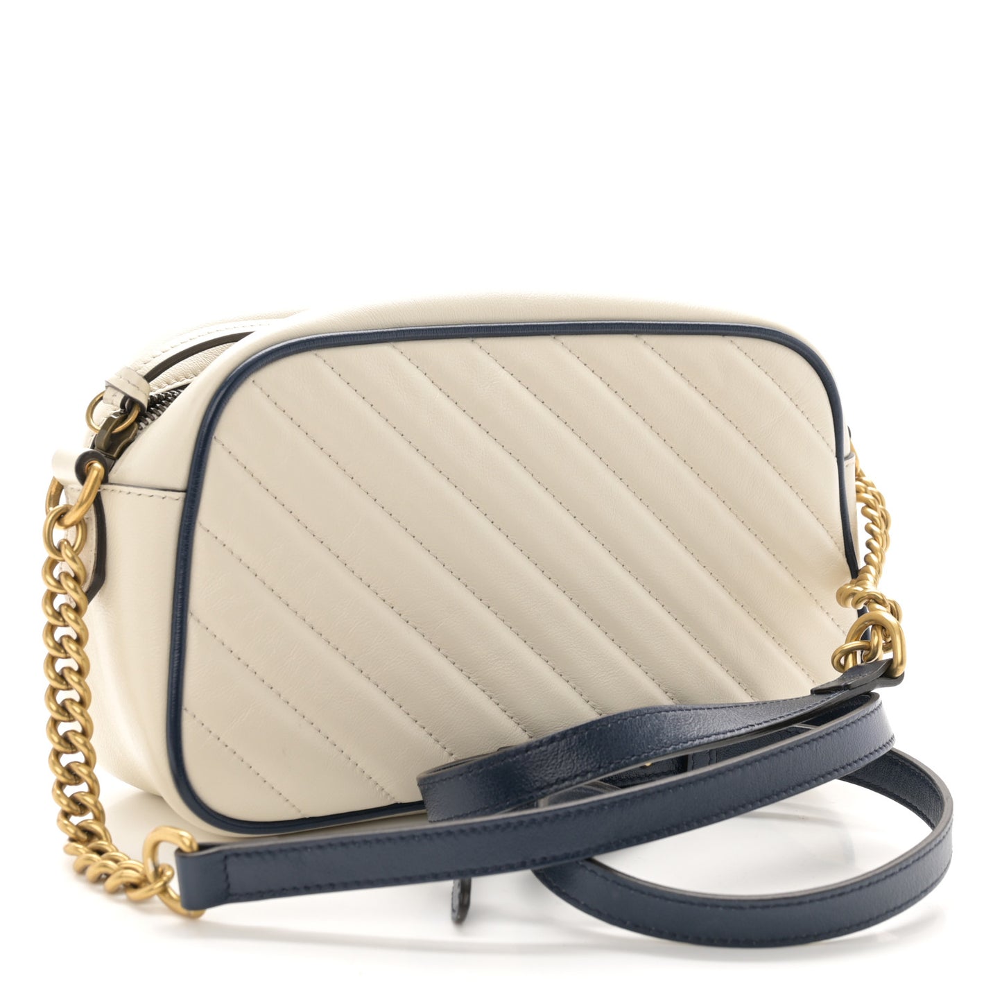 Vintage Effect Calfskin Matelasse Diagonal Small Torchon GG Marmont Chain Shoulder Bag Mystic White Blue Agata