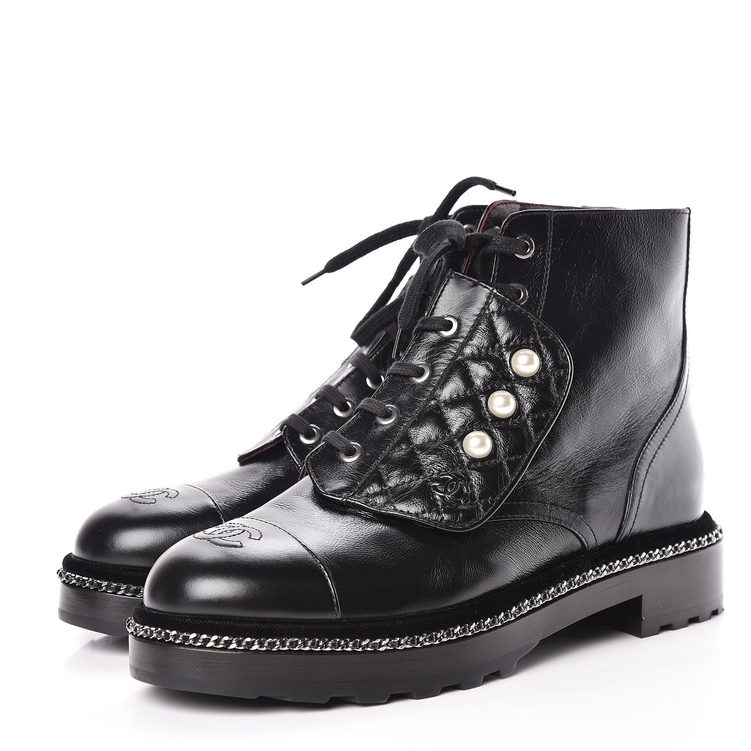 Chanel Crackled Calfskin Velvet Pearl Combat Short Boots 40 Black 3 of 8