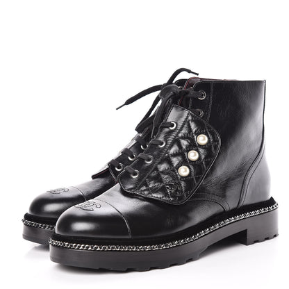 Chanel Crackled Calfskin Velvet Pearl Combat Short Boots 40 Black 3 of 8