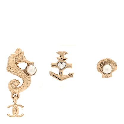 Chanel Metal Pearl Anchor Seahorse Shell Earrings Set Gold 1 of 4