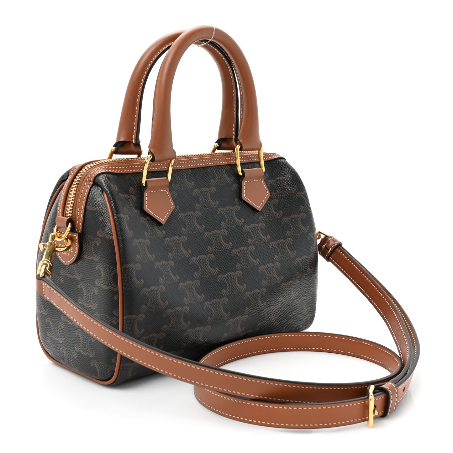 Triomphe Canvas Calfskin Small Boston Bag Tan