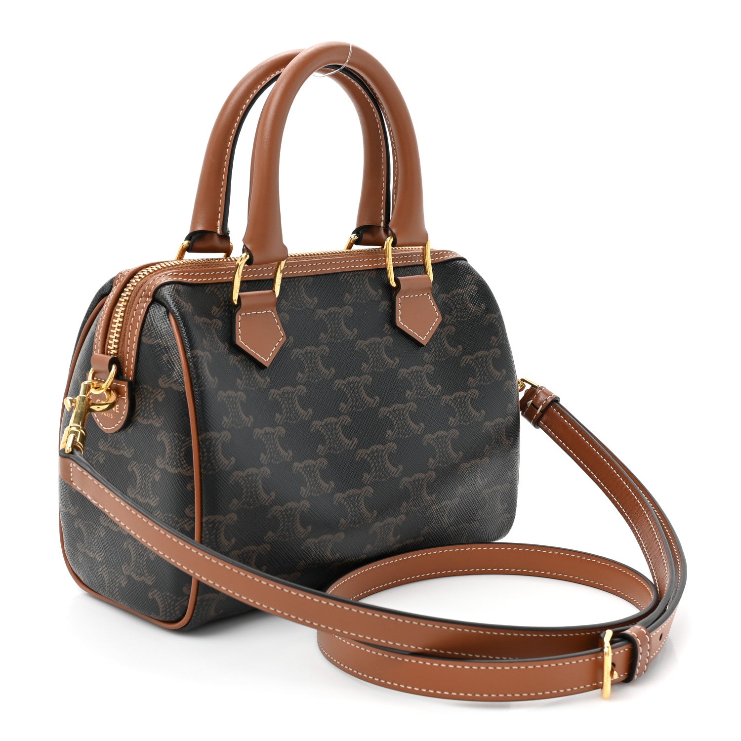 Celine Triomphe Canvas Calfskin Small Boston Bag Tan 3 of 11