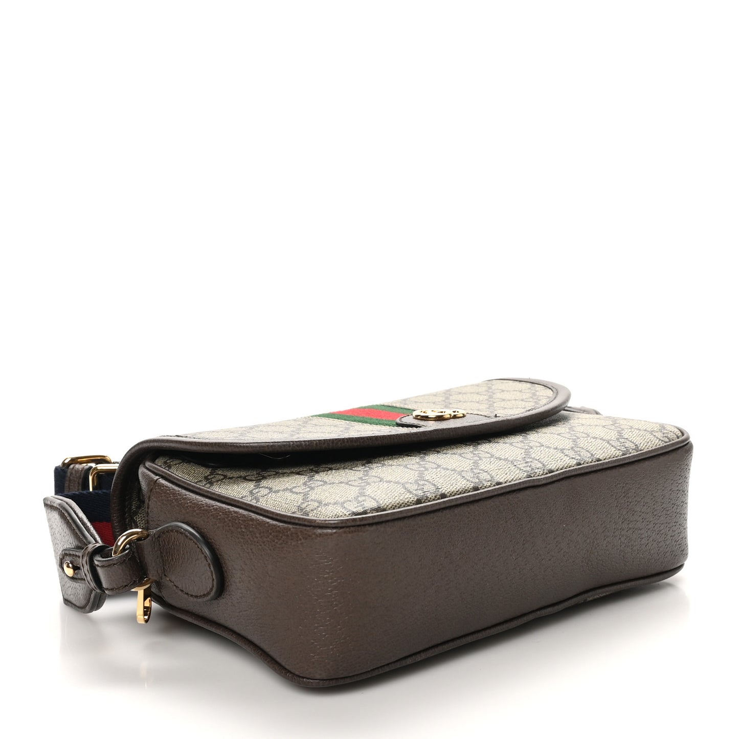 GG Supreme Monogram Textured Dollar Calfskin Web Studded Mini Ophidia Flap Shoulder Bag Beige Ebony New Acero