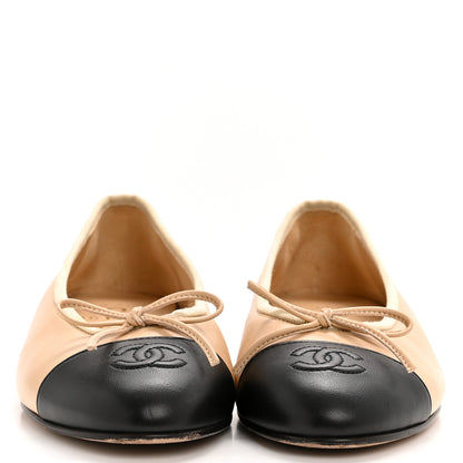 Chanel Lambskin Cap Toe CC Ballerina Flats 38 Beige Black 4 of 10