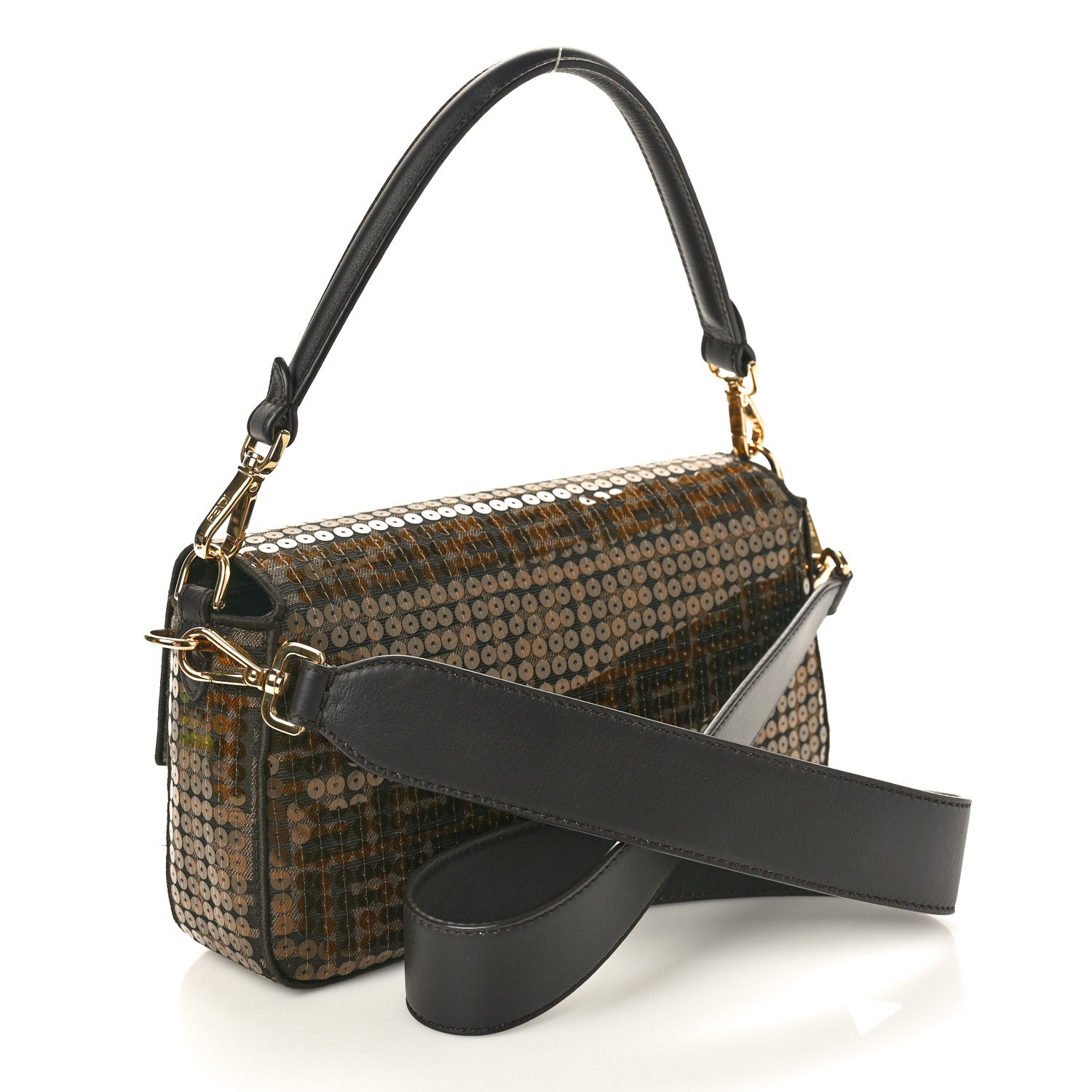 Fendi Fabric Jacquard Paillettes Vitello Seta FF 1974 Baguette Testa di Moro Real Ebano 2 of 10