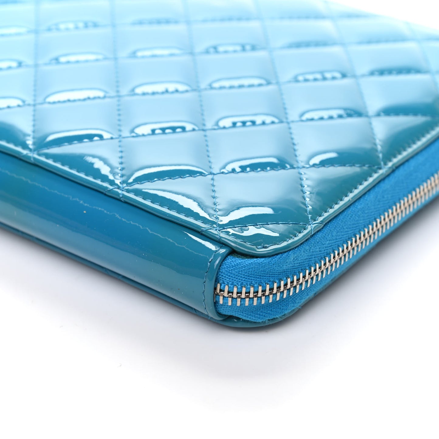 Patent Calfskin Quilted Zipped Clutch Blue