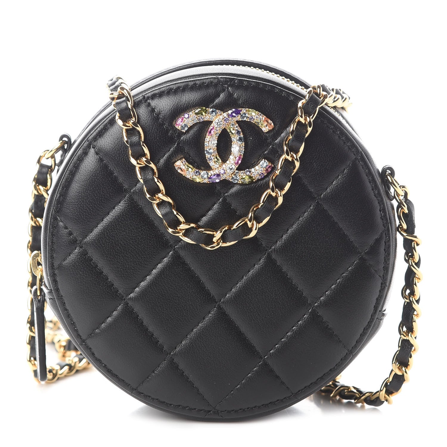 Chanel Lambskin Quilted Zirconium Round Clutch With Chain Black 1 of 8