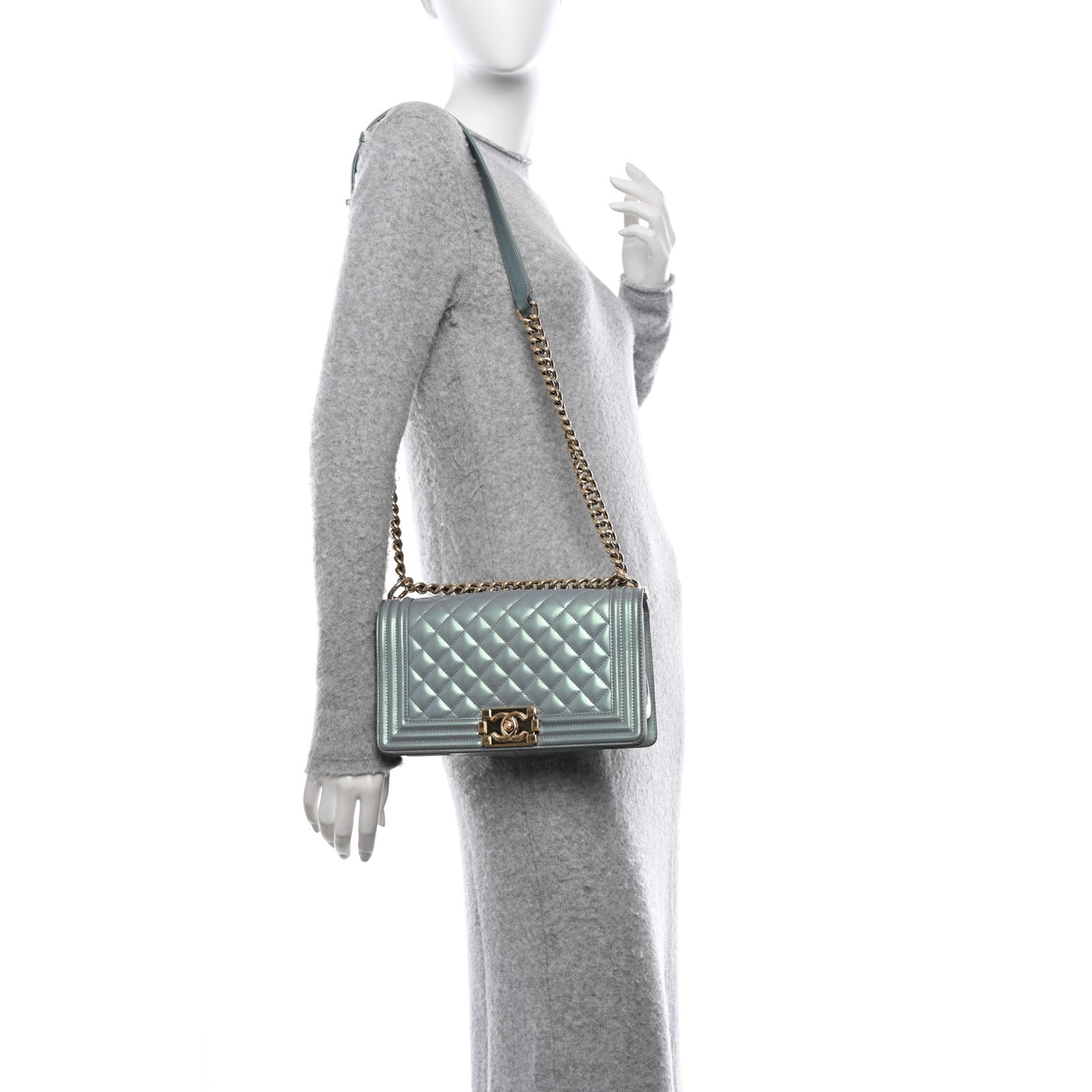 Iridescent Patent Calfskin Quilted Medium Boy Flap Light Blue