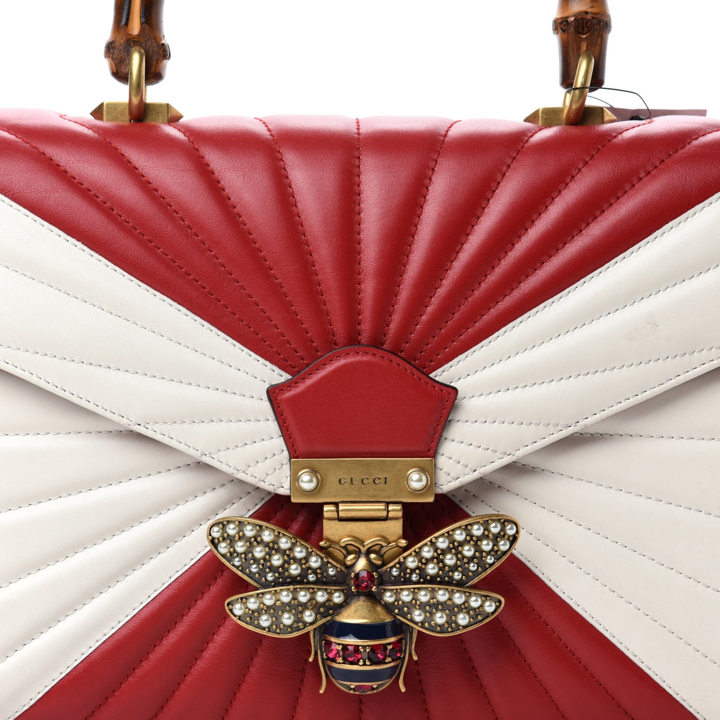 Calfskin Bamboo Trapuntata Queen Margaret Top Handle Bag Mystic White Hibiscus Red