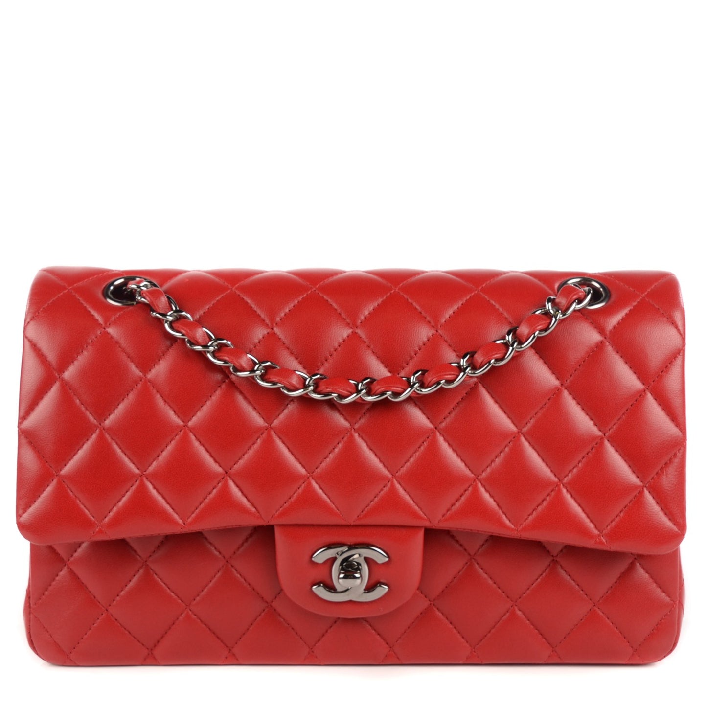Lambskin Quilted Medium Double Flap Red