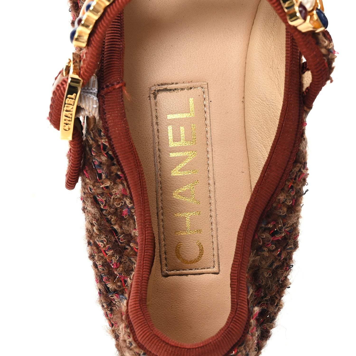 Chanel Wool Tweed Mary Jane Flats 37.5 Brown Red Dark Blue 7 of 9