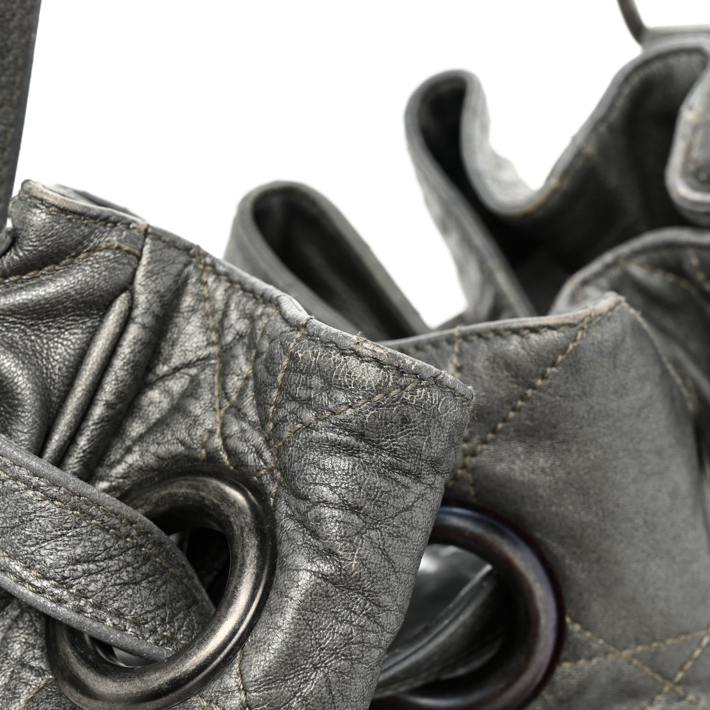Metallic Lambskin Cannage Drawstring Bag Grey