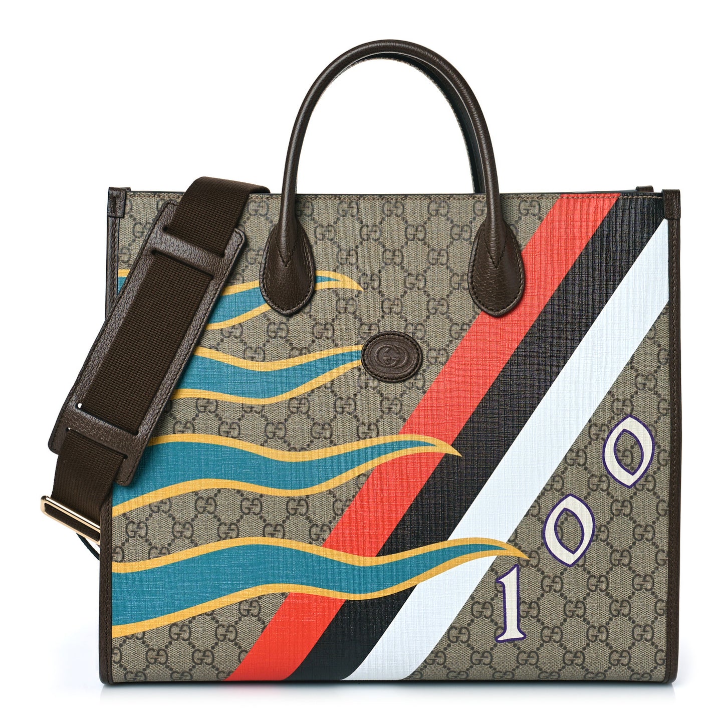GG Supreme Monogram Textured Dollar Calfskin Equestrian Medium Retro Interlocking G Tote Bag Beige Ebony Multicolor New Acero