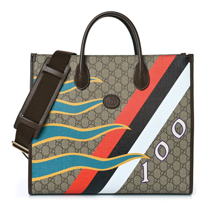 Gucci GG Supreme Monogram Textured Dollar Calfskin Equestrian Medium Retro Interlocking G Tote Bag Beige Ebony Multicolor New Acero 1 of 8