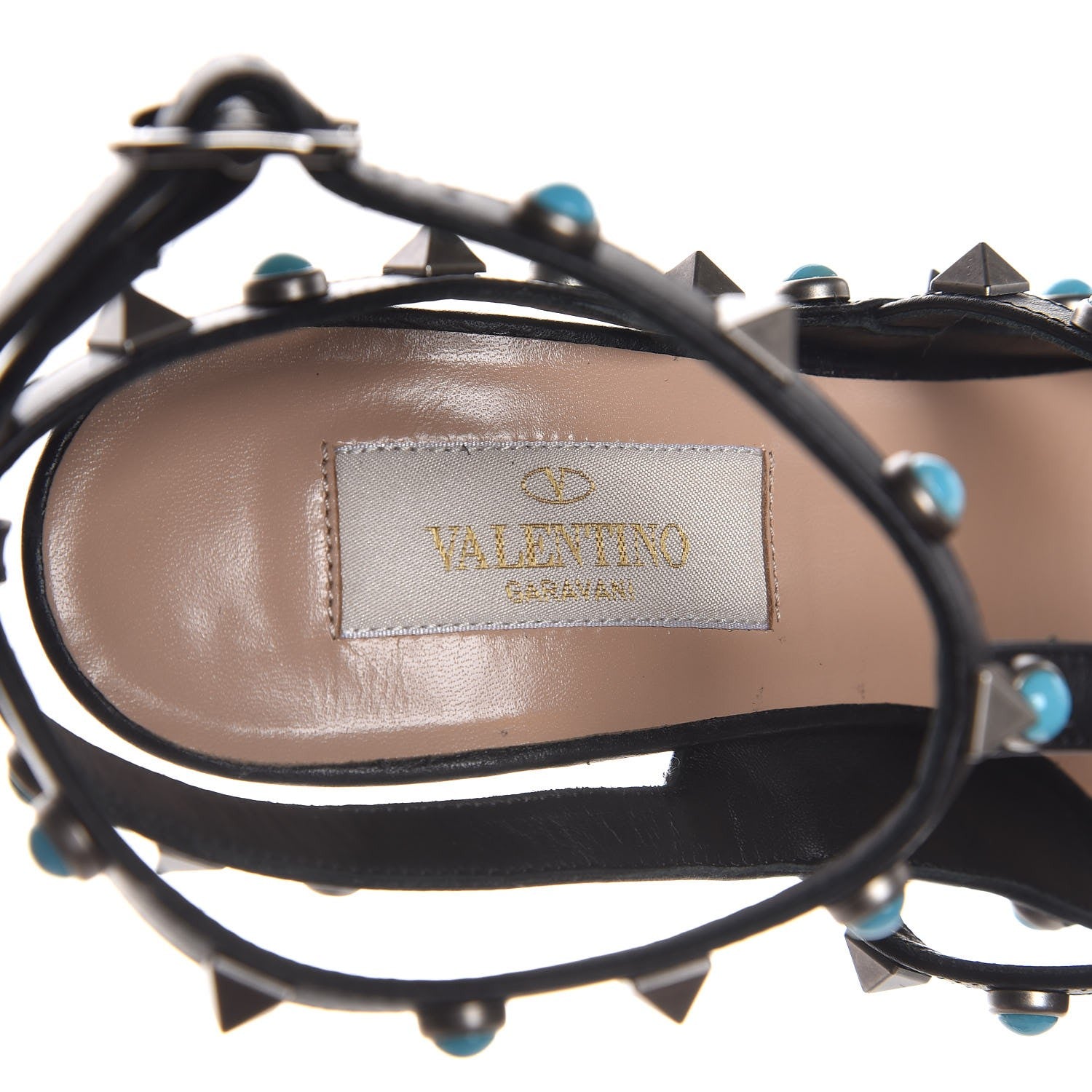 Valentino Garavani Pebbled Calfskin Turquoise Rockstud Rolling Ankle Strap 100mm Pumps 36 Black 7 of 9