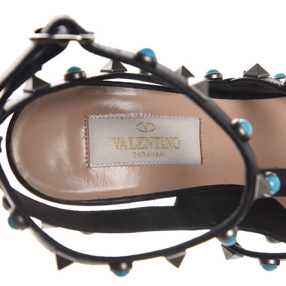 Valentino Garavani Pebbled Calfskin Turquoise Rockstud Rolling Ankle Strap 100mm Pumps 36 Black 7 of 9