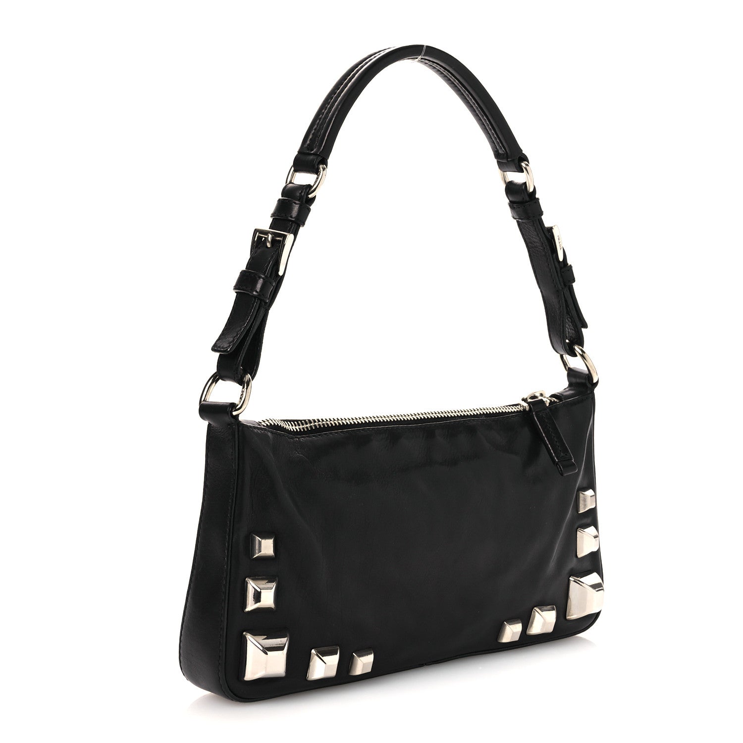 Prada Calfskin Studded Shoulder Bag Black 3 of 12