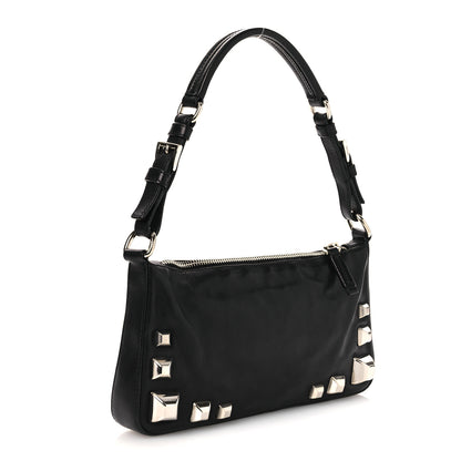 Prada Calfskin Studded Shoulder Bag Black 3 of 12