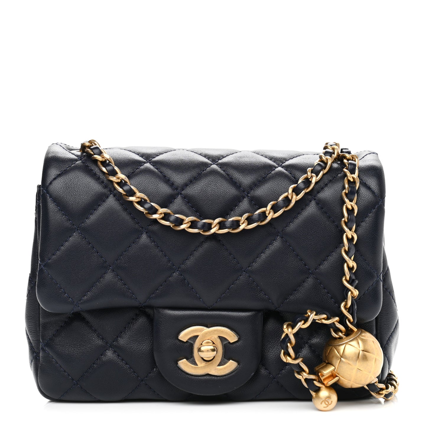 Lambskin Quilted Mini Pearl Crush Flap Navy Blue