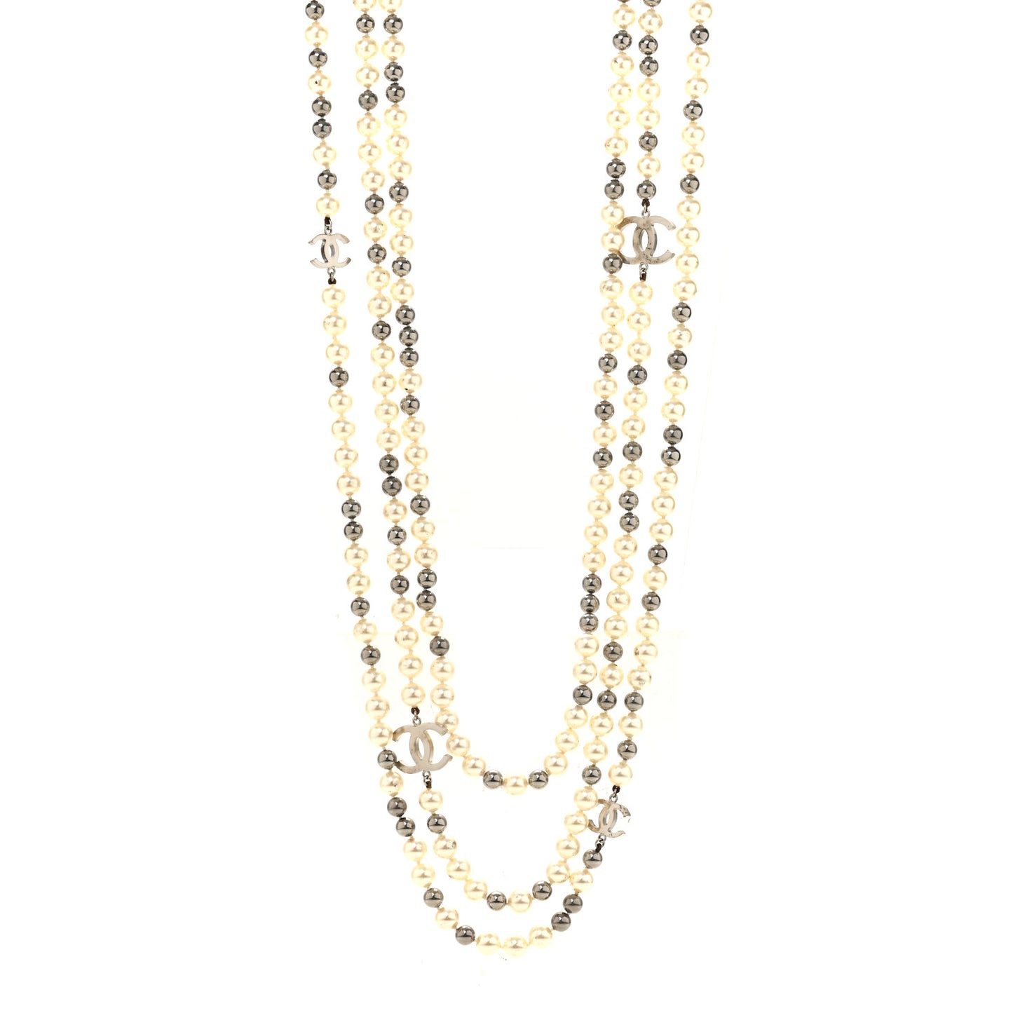 Pearl CC Multi Strand Long Necklace Silver Pearly White Grey