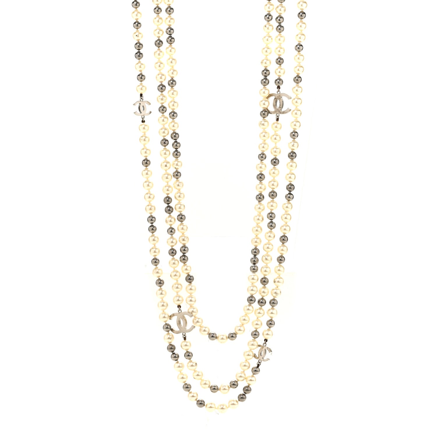Chanel Pearl CC Multi Strand Long Necklace Silver Pearly White Grey 1 of 6
