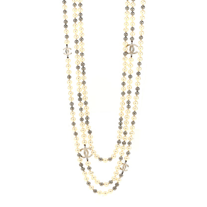 Chanel Pearl CC Multi Strand Long Necklace Silver Pearly White Grey 1 of 6
