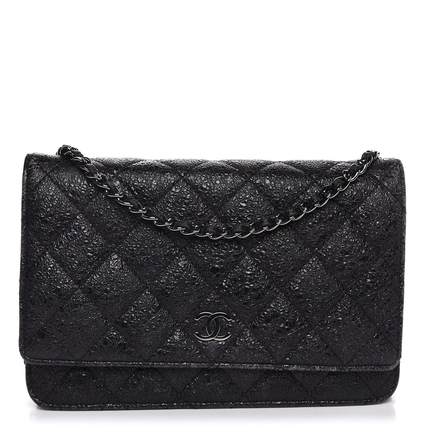 Crackled Calfskin Wallet On Chain WOC Black