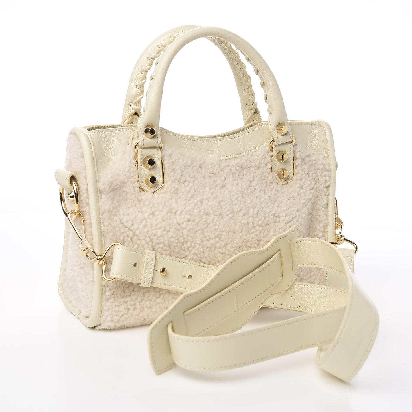 Shearling Nappa Gold Metallic Edge Hardware Mini City Cream