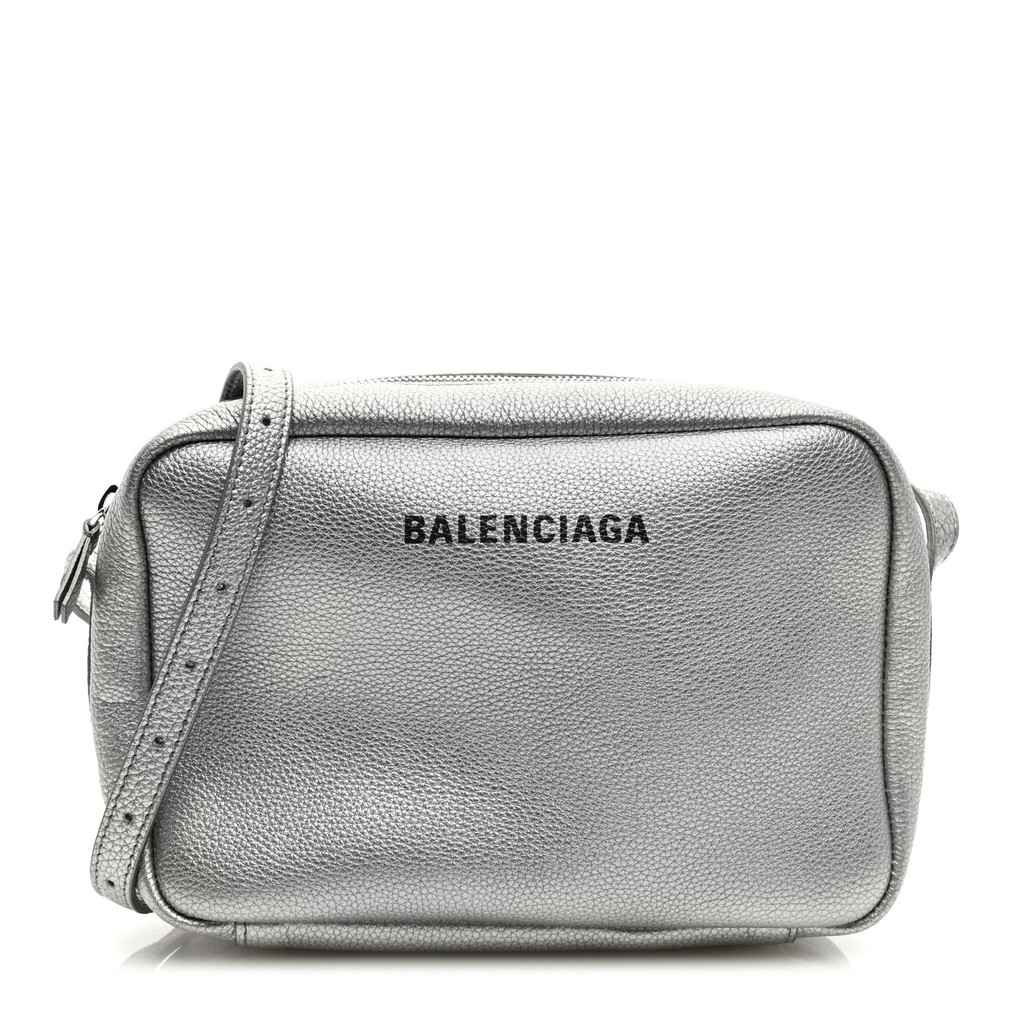 Metallic Grained Calfskin Logo M Everyday Camera Bag Silver