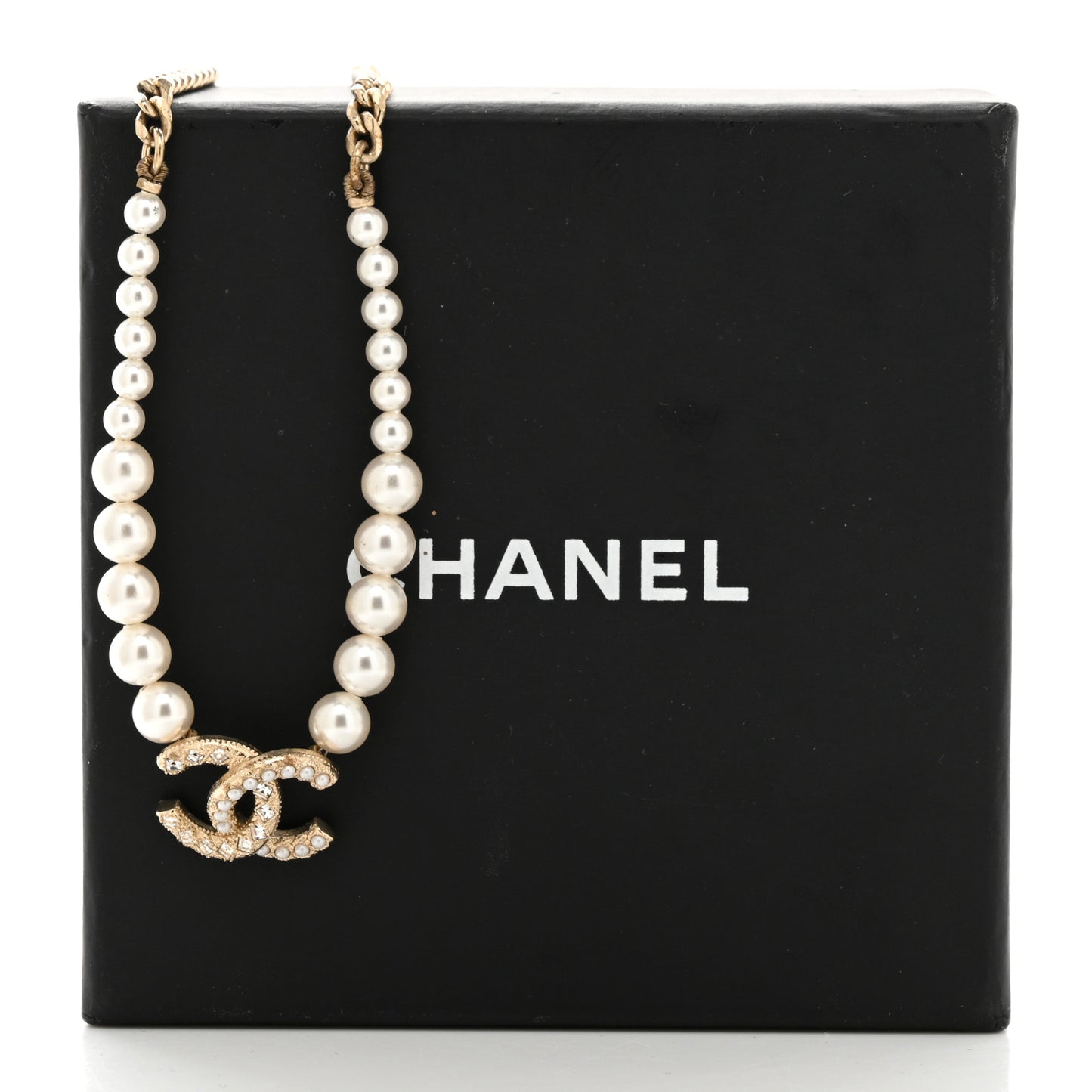 Pearl Crystal Chain CC Necklace Gold Gold