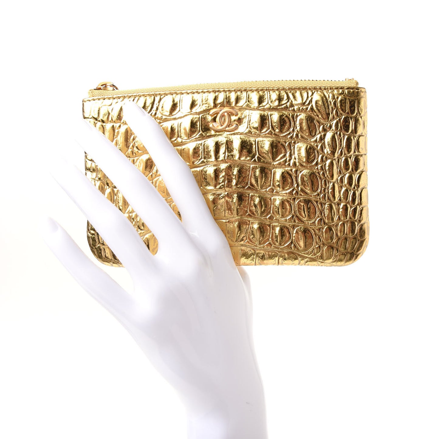 Metallic Calfskin Crocodile Embossed Cocodile Cosmetic Case Gold
