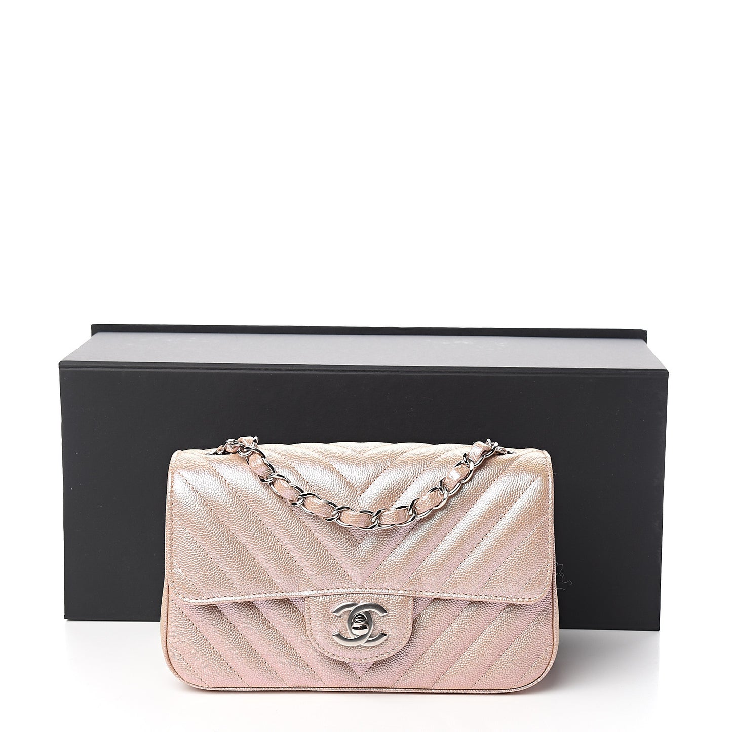 Iridescent Caviar Chevron Quilted Mini Rectangular Flap Light Gold