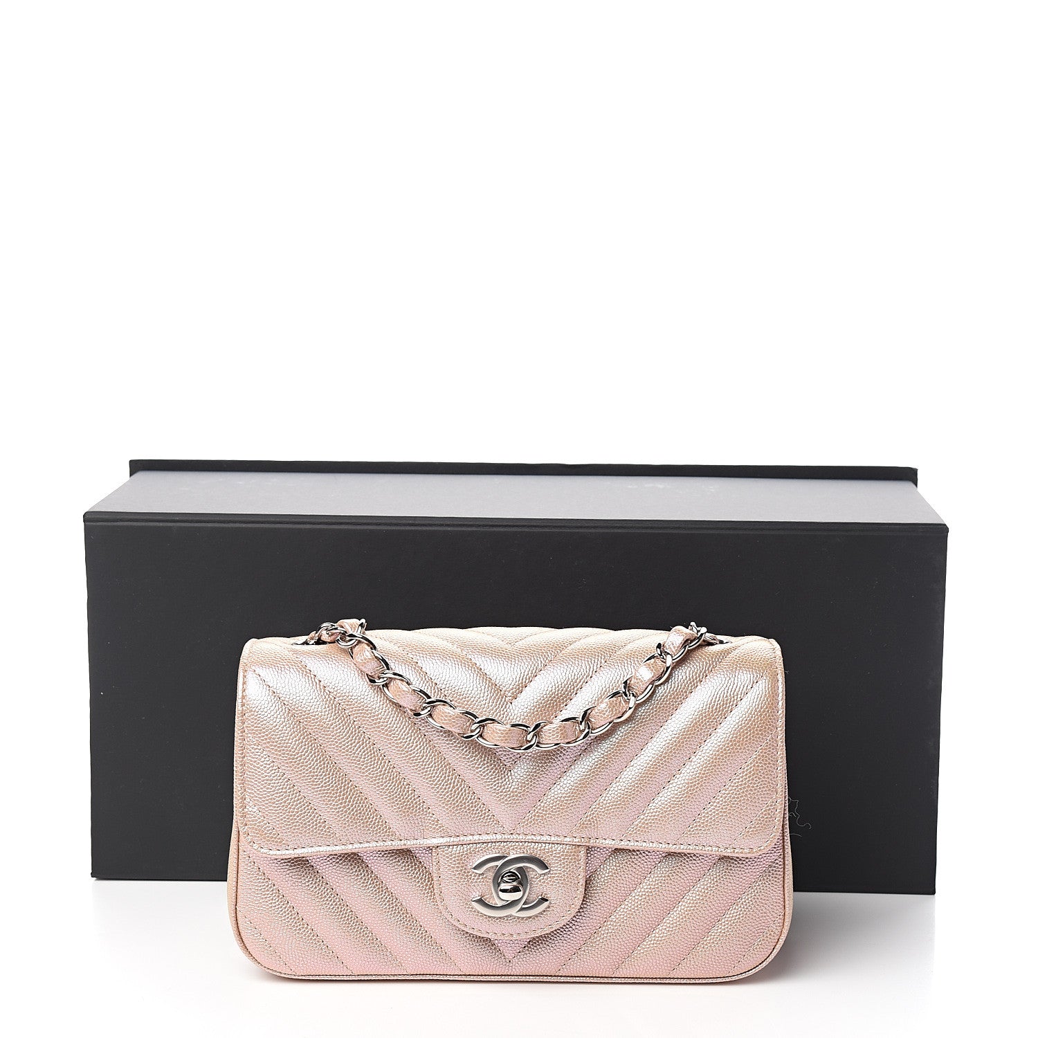 Chanel Iridescent Caviar Chevron Quilted Mini Rectangular Flap Light Gold 9 of 9