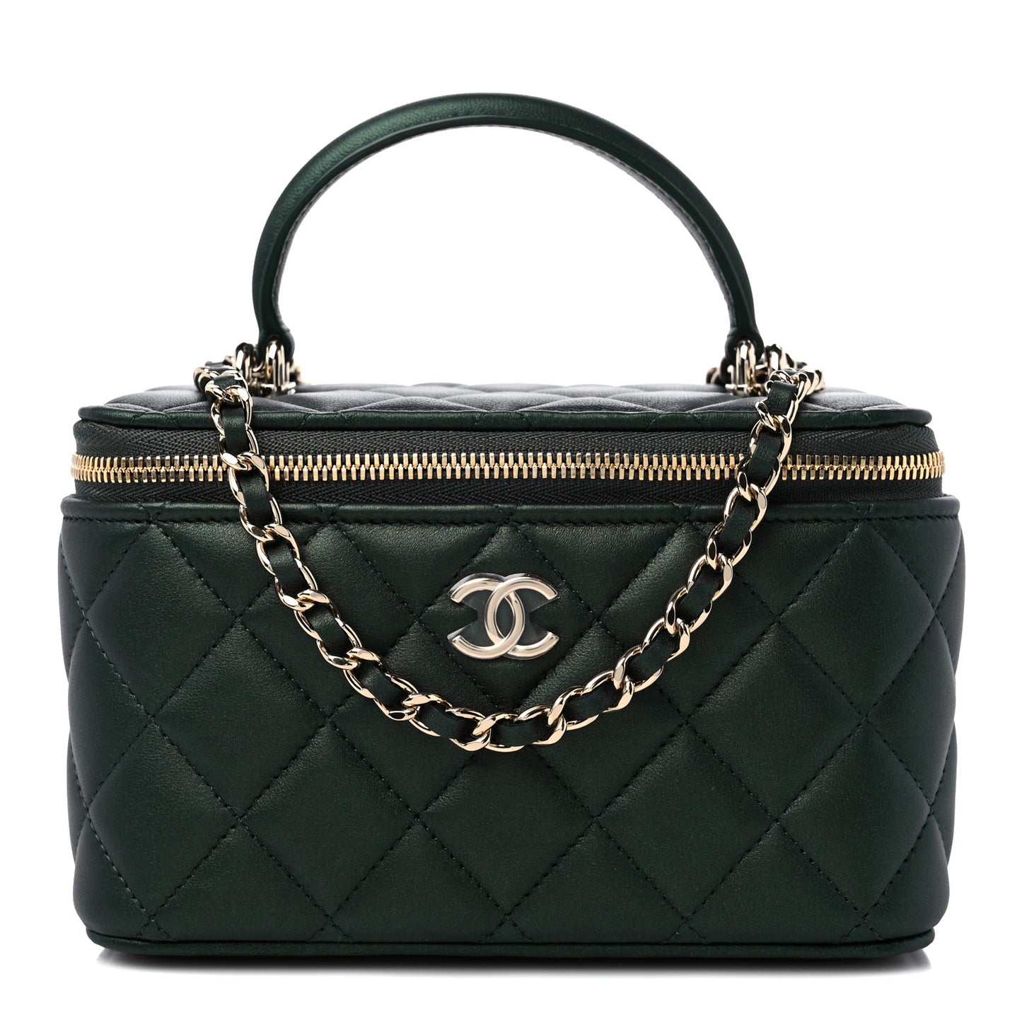 Iridescent Lambskin Quilted Small Top Handle Vanity Case With Chain Dark Green