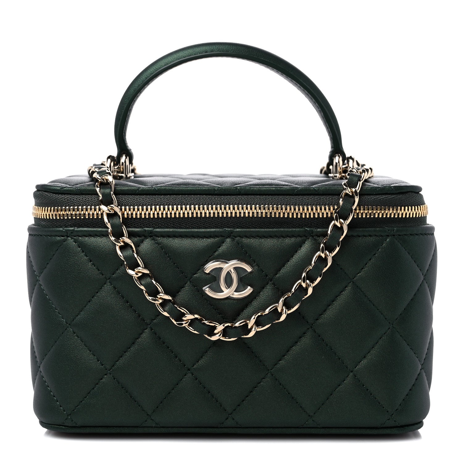 Chanel Iridescent Lambskin Quilted Small Top Handle Vanity Case With Chain Dark Green 1 of 10