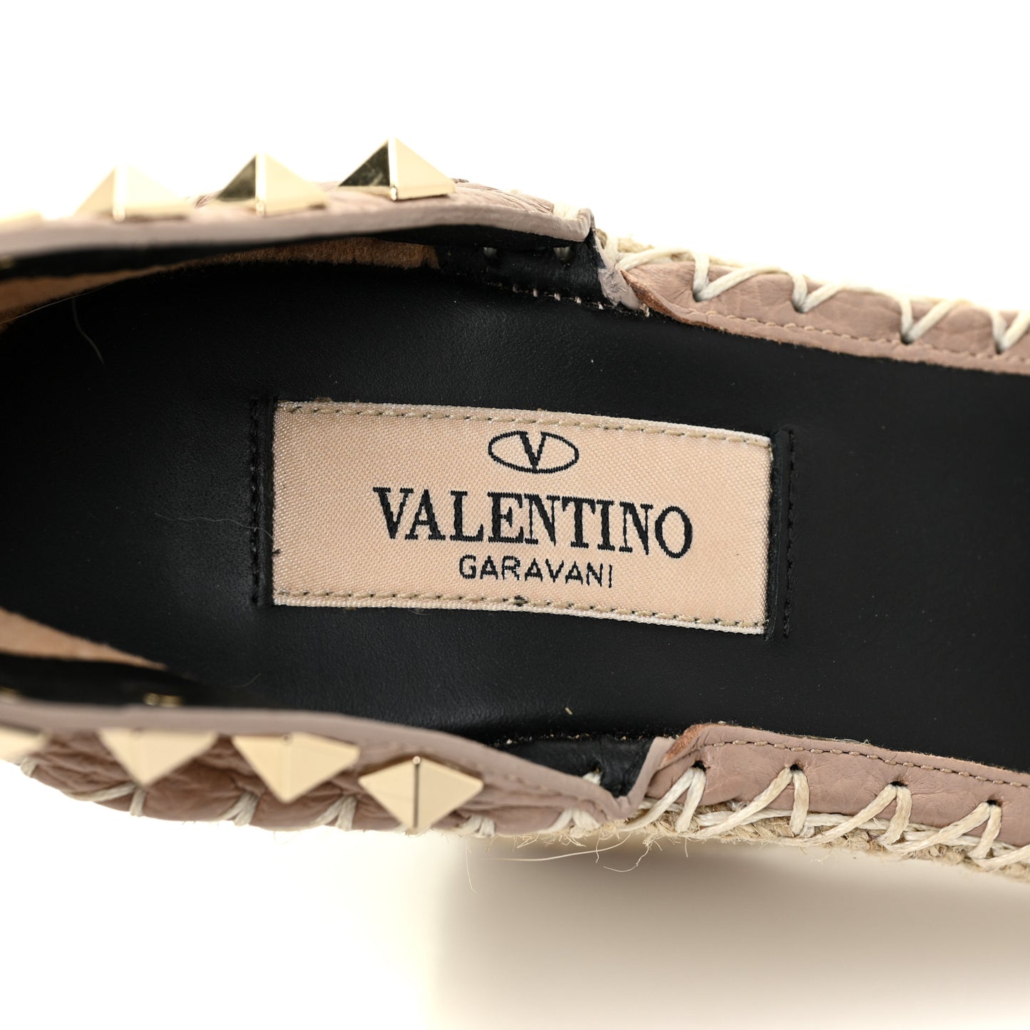 Grained Calfskin Rockstud Ankle Strap Espadrille 15/105mm Wedge Sandals 35 Poudre Natural