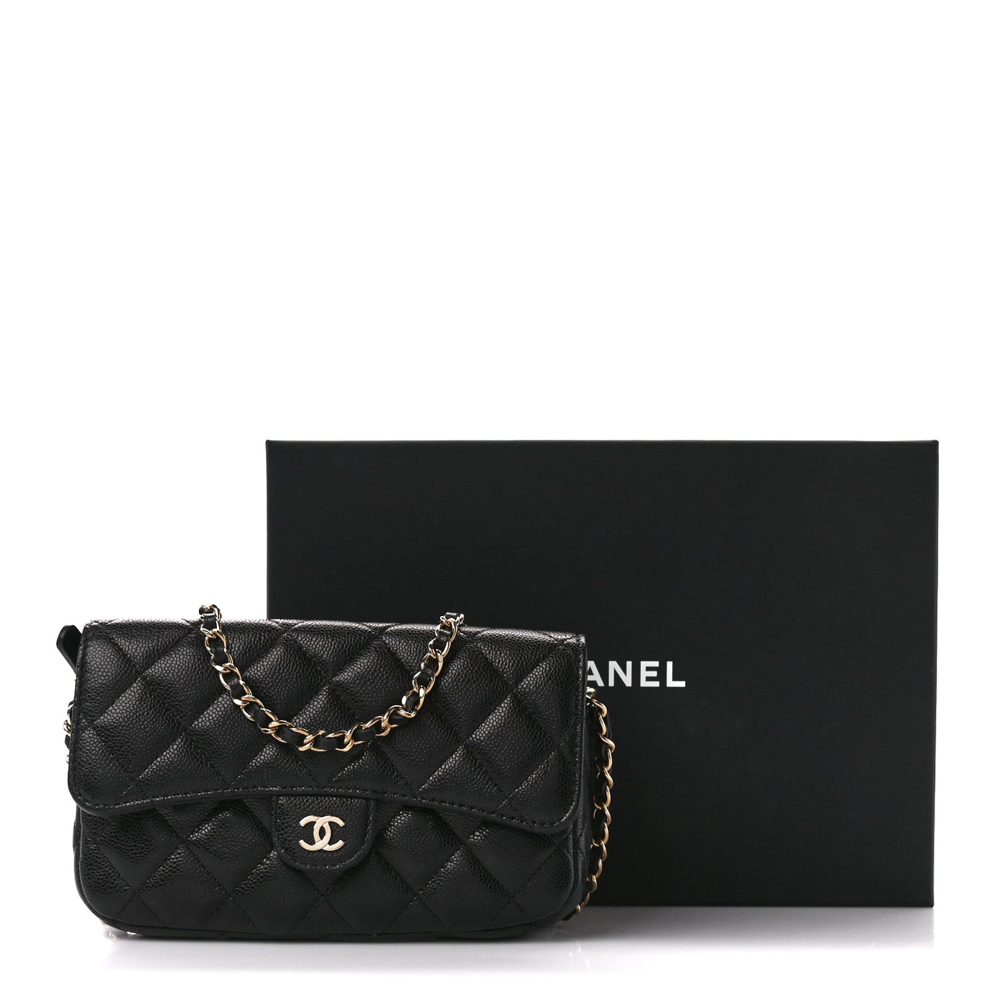 Caviar Quilted Flap Phone Holder With Chain Black