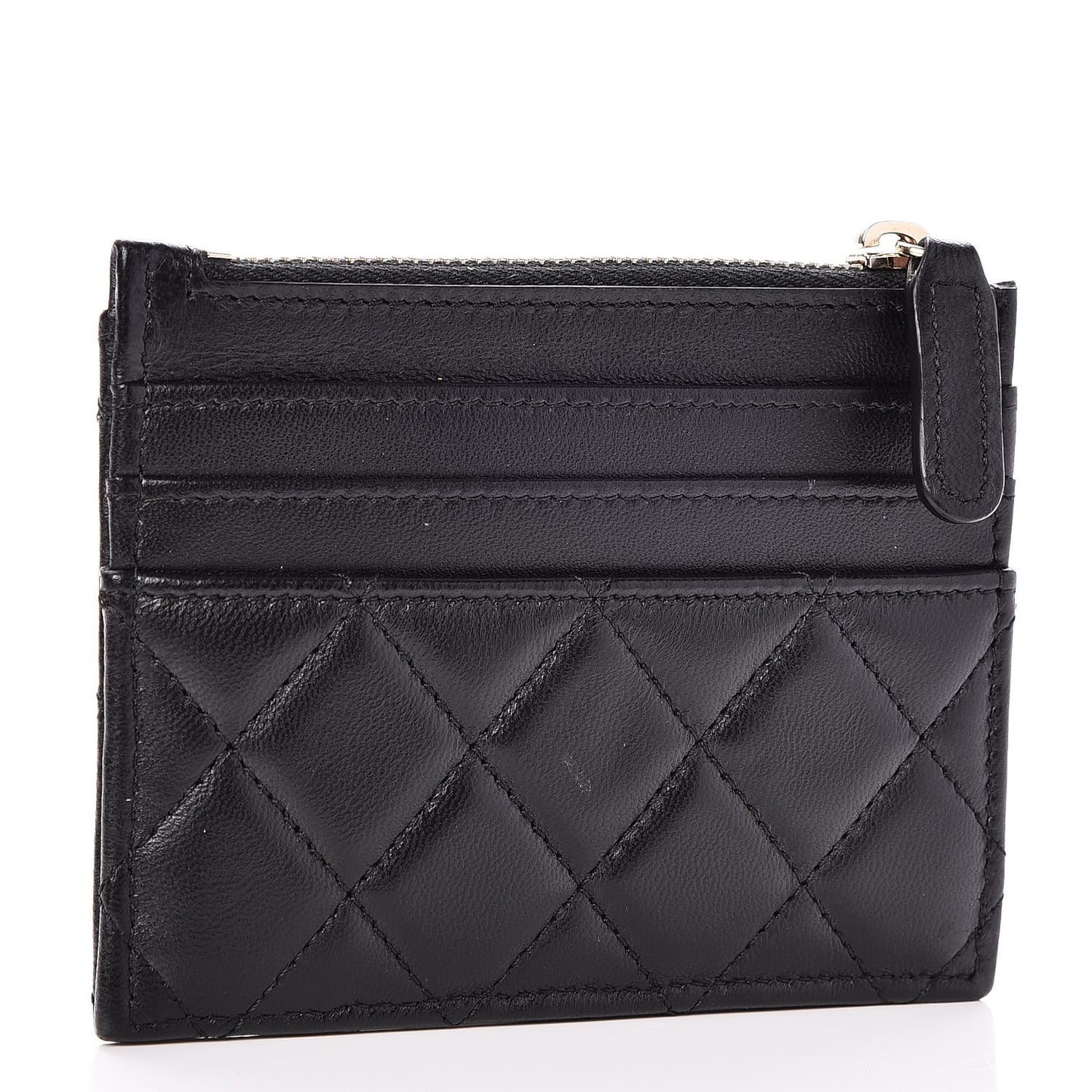 Lambskin Quilted Zip Card Holder Black