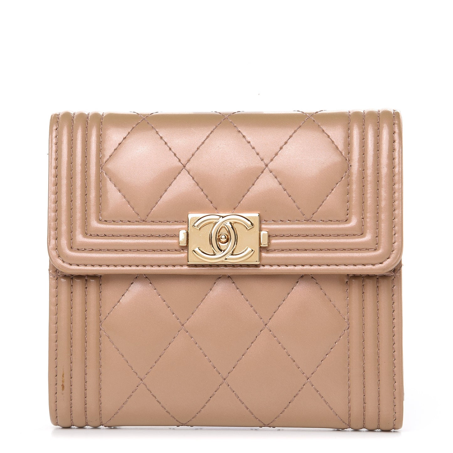 Iridescent Glazed Calfskin Quilted Compact Boy Wallet Beige