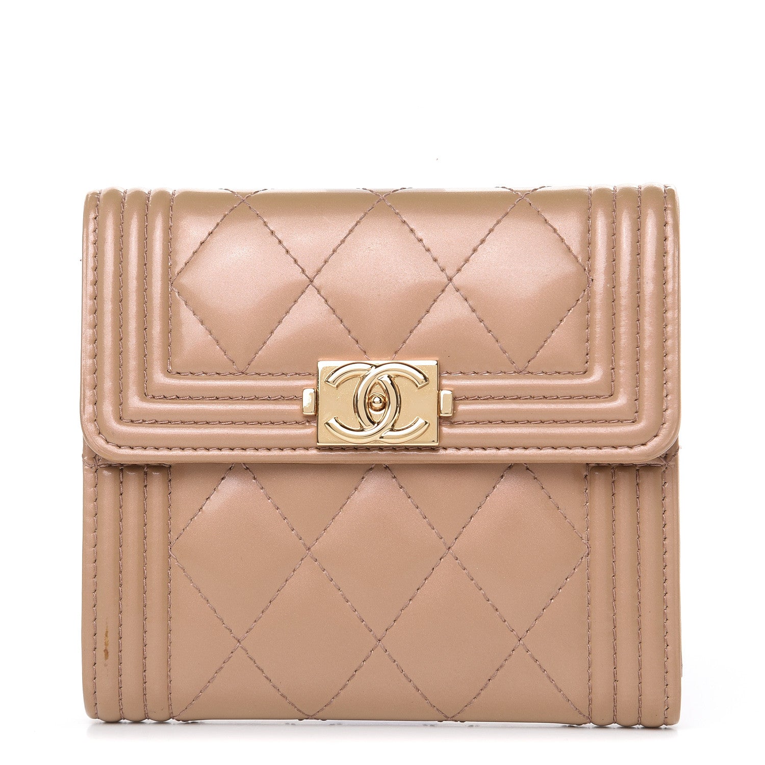 Chanel Iridescent Glazed Calfskin Quilted Compact Boy Wallet Beige 1 of 11